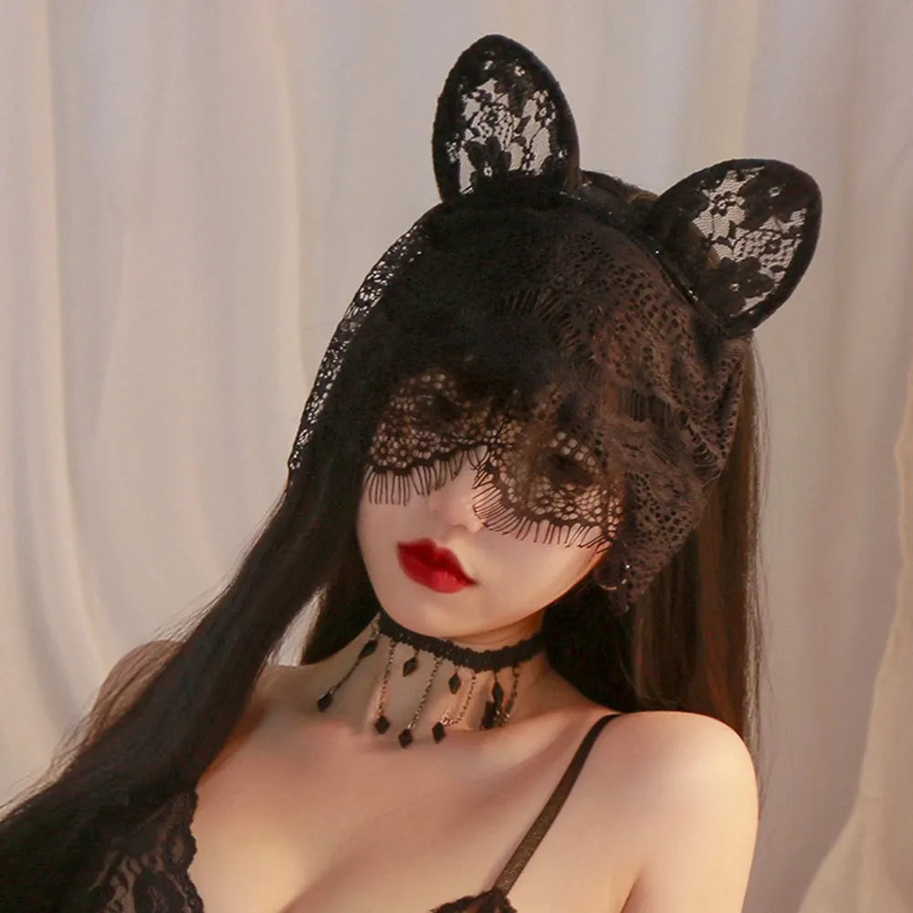 Cosplay Party Masquerade Headwear Lace Veil Cute Cat and Rabbit Ears Cosplay Headband Hairpin Women Squid Game Anime