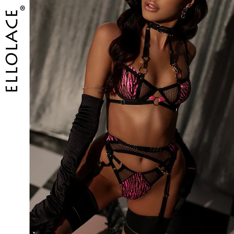 Ellolace Zebra Lingerie Fancy Lace Underwear See Through Halter Bra Delicate Intimate Luxury Sexy Outfits Garters Brief Sets