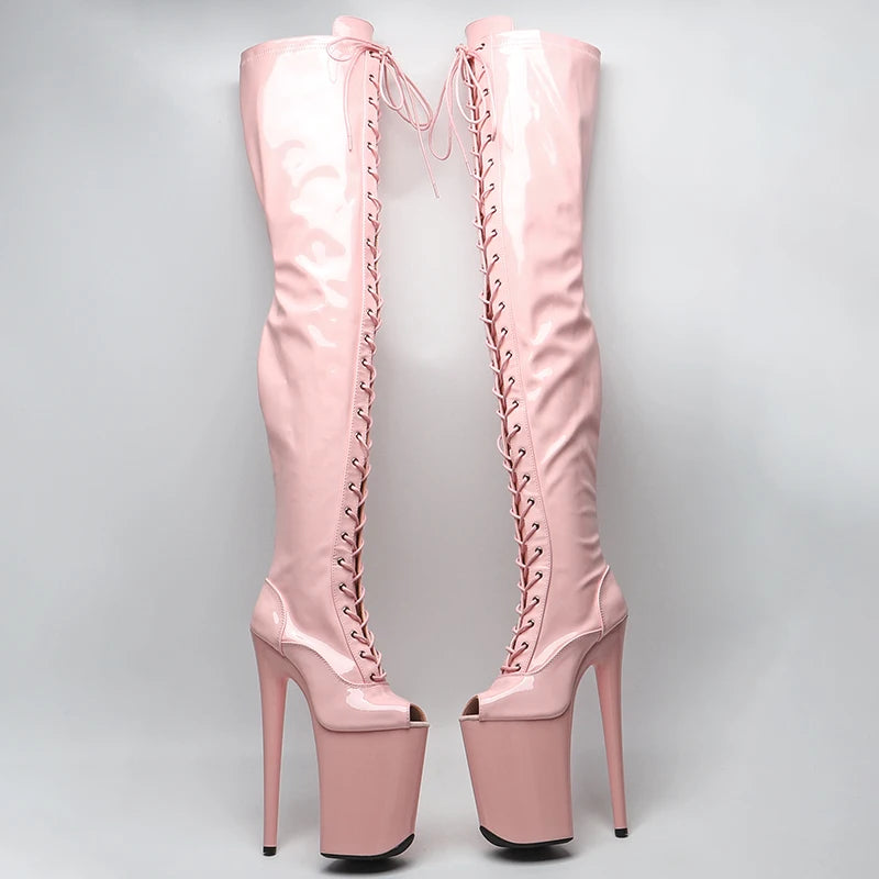 23CM/9inches Patent Upper Women Fashion High Heel Platform Open Toe Thigh High Boots Pole Dance Boot