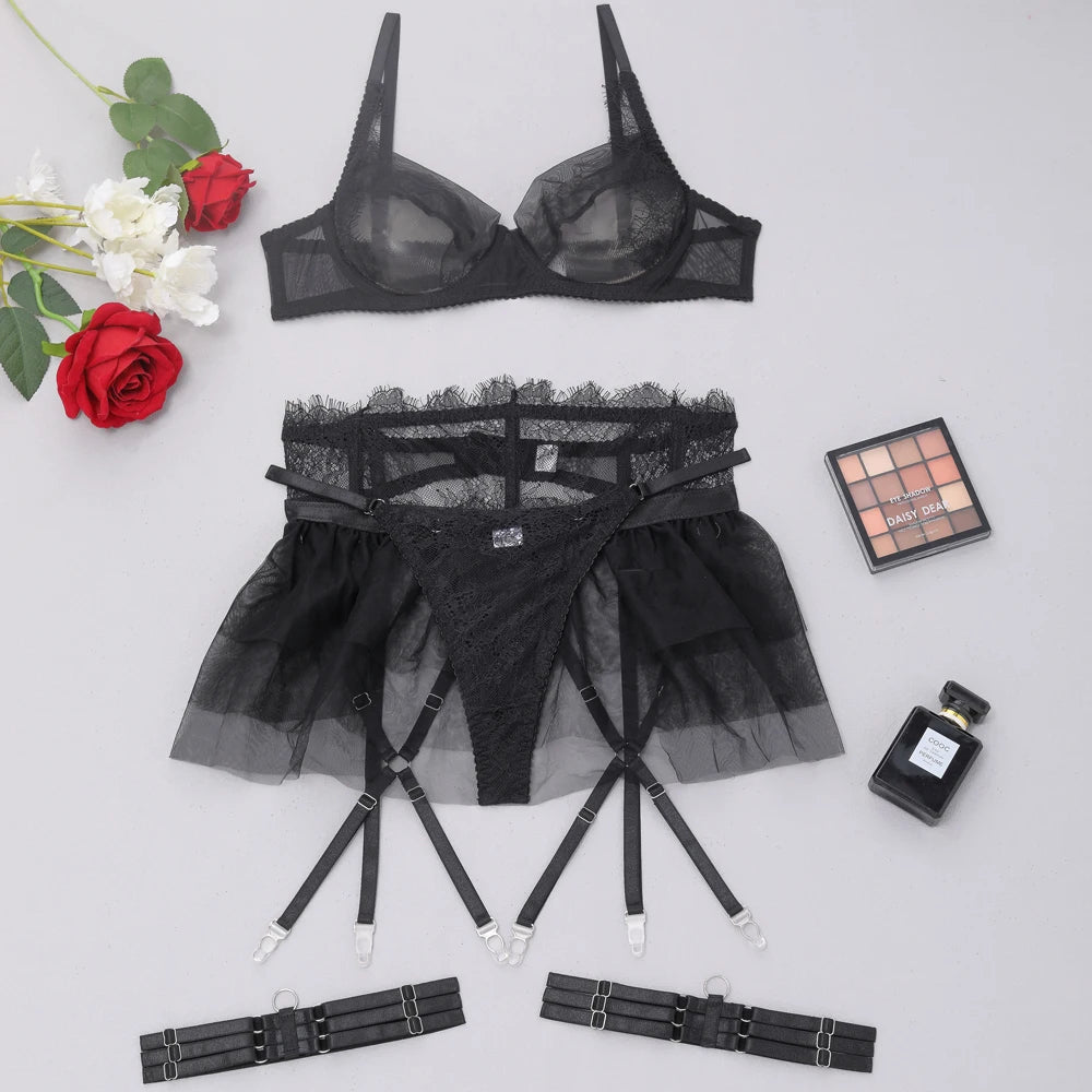 Delicate Ruffled Lingerie Transparent Bra Garter Brief Set 4-Piece Sensual Tulle Underwear Uncensored Exotic Sets