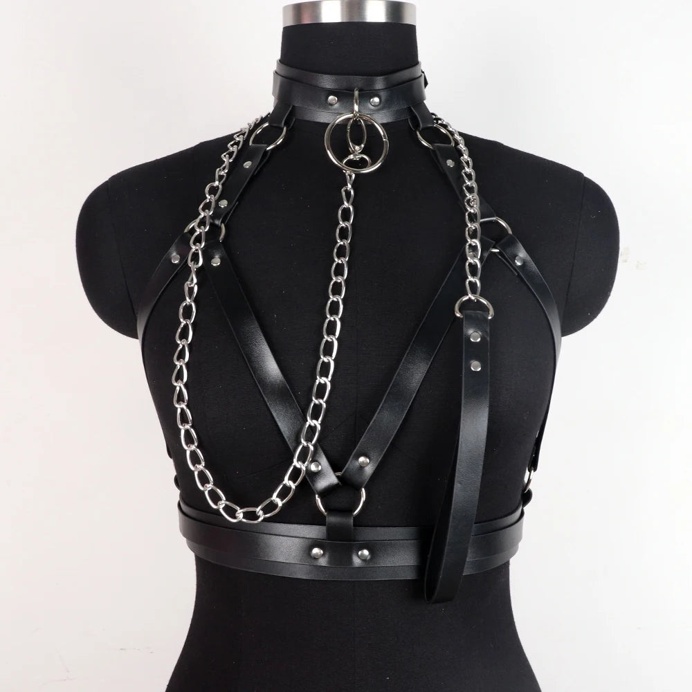 Goth Bra y Lingerie For Woman Leather Body Harness Belt Chest y Corset With Chain Festival Outfits Women