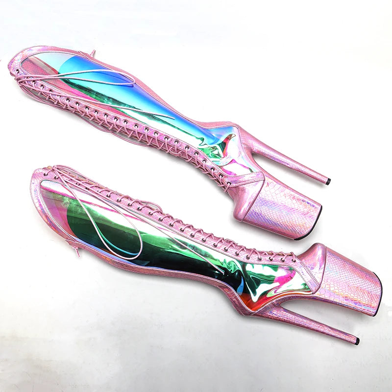 23CM/9inches Snake Pink holographic Upper fashion lady High Heel platform Pole Dance boots