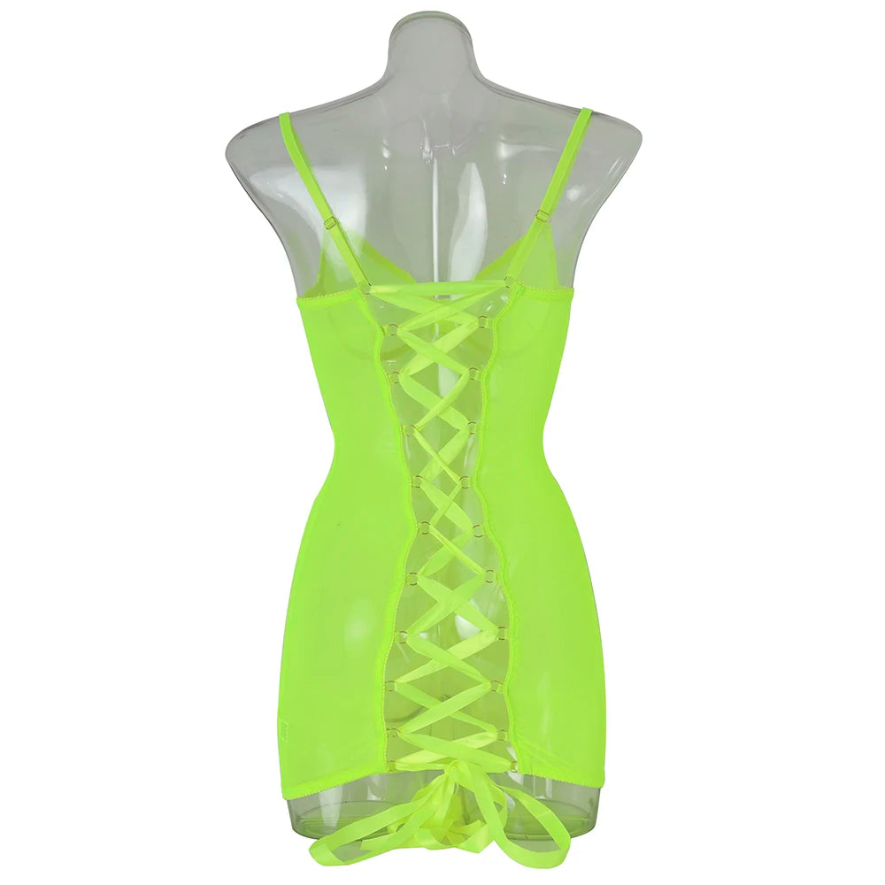Cutout Tie Backless Dress Sheer Lace See Through Lingerie Transparent Night Dress Lace Up Babydoll
