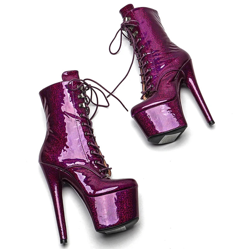 17CM/7inches Patent Upper Women Fashion High Heel Platform Lace up Ankle Boots Pole Dance Boots