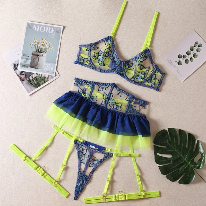 Ruffle Neon Lingerie Lace Super Fine Underwear Uncensored Fancy Delicate Intimate Luxury Garter 5-Piece Outfit