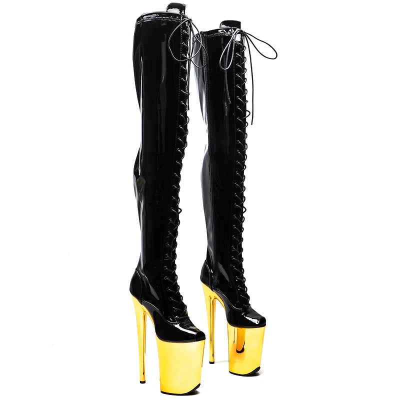 23CM/9inches Patent PU upper y boots Open Toe Gold electroplate High Heels Platform Pole Dance shoes