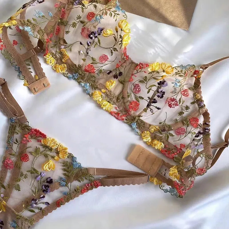 Lingerie Fancy Lace Set Woman 2 Pieces Transparent Women's Underwear Embroidery Beautiful Bra And Panty Set