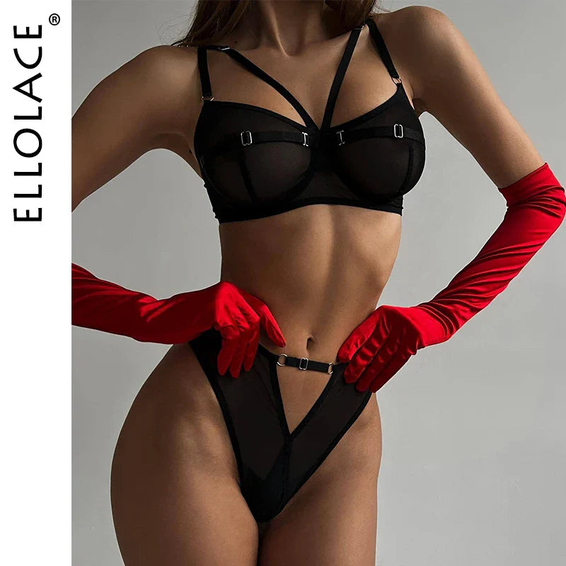 Ellolace Lingerie Set Women 2 Piece See Through Lace Bilizna Set Seamless Mesh Intimate Sexy Bra And Panty Set Sheer Underwear