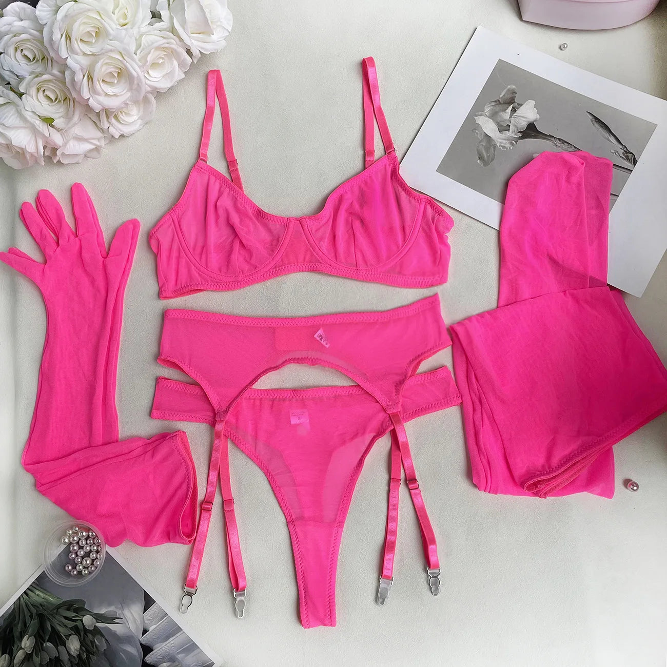 Red Lips Lingerie Sensual Lace Underwear 5-Piece Transparent Bilizna Set Seamless Intim Goods Fancy Exotic Set