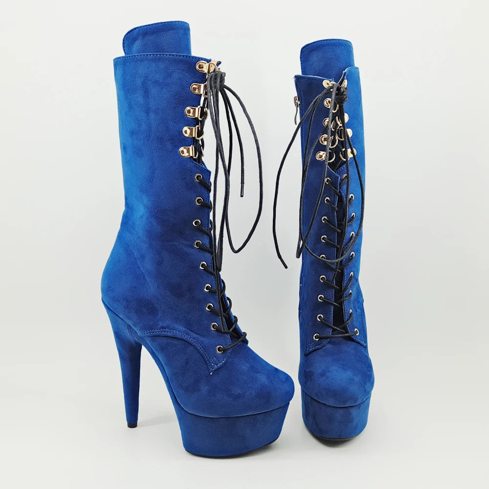 Blue Suede 15CM/6inches Pole dancing shoes High Heel platform Boots closed toe Pole Dance booties