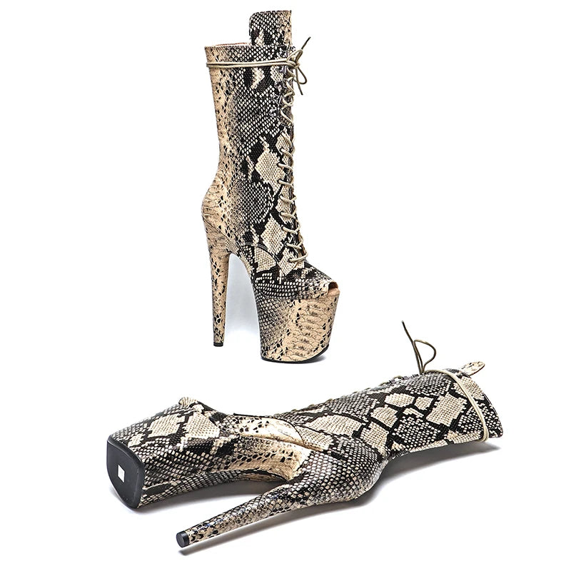 20CM/8Inch Snake PU Small Open Toe Platform Disco Party High Heels Mid Calf Boot Pole Dance Boot