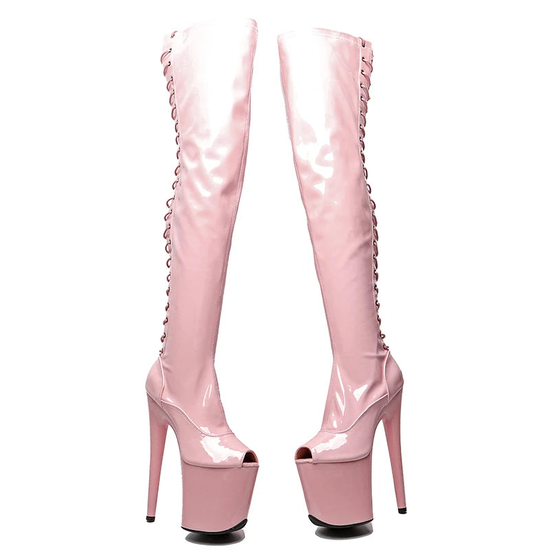 20cm/8inches Patent Leather Extreme High Heels Platform Boots Lace Up y Pole Dancing thigh high boots 5K