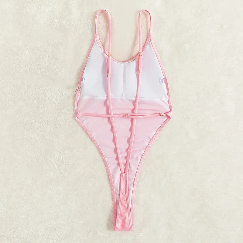 Backless Thongs Swimsuit y One Piece Monokini Brazilian Bathing Suit High Leg Bikinis Beachwear Light Pink Body