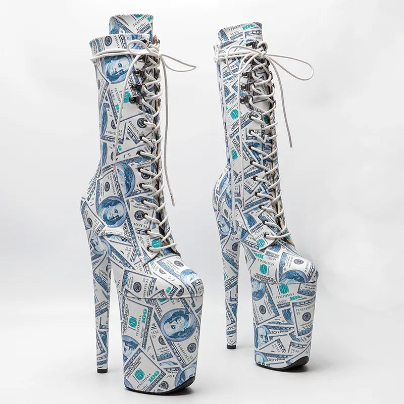 23CM/9inches dollar pattern Extreme High Heels Platform Boots Lace Up y Pole Dancing Ankle Boots women boot 4B