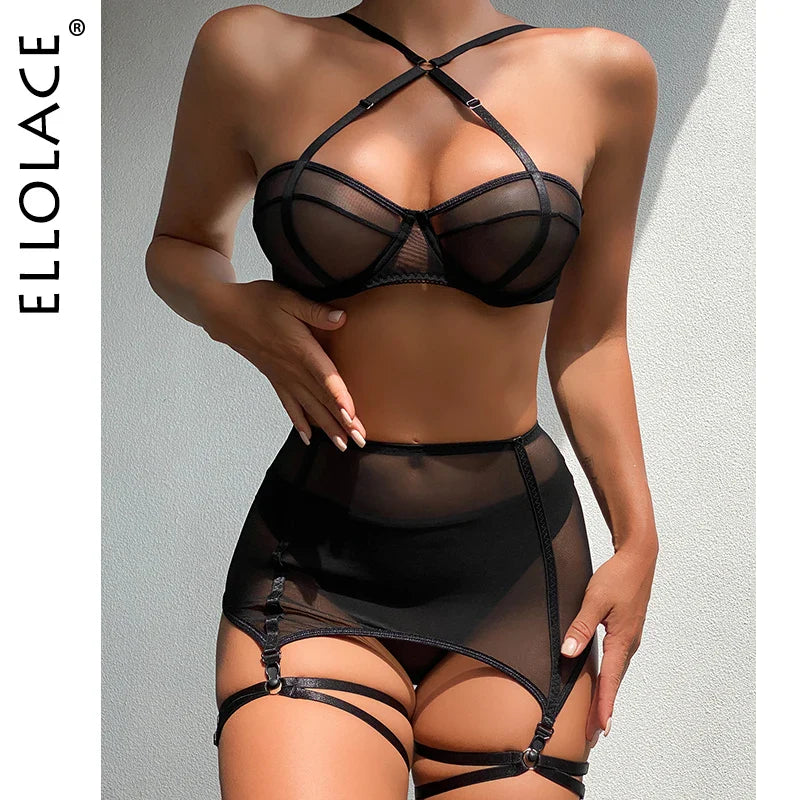 Ellolace Sensual Lingere Exotic Bandage Garter With Stockings Transparent Bra Intimate Hard Woman 3-Piece Black Fancy Underwear