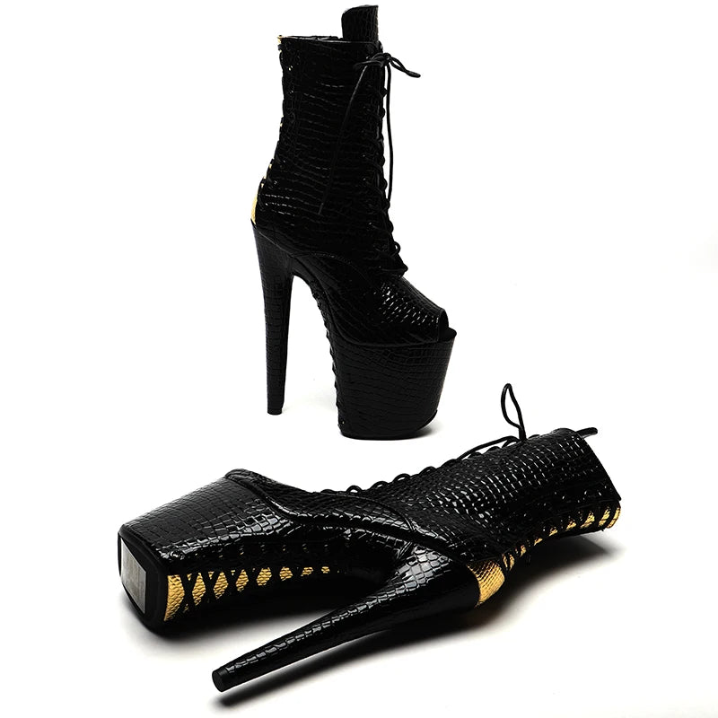 20CM/8Inch Shiny PU with Gold color Small open toe Platform disco party High Heels Shoes Pole Dance boot
