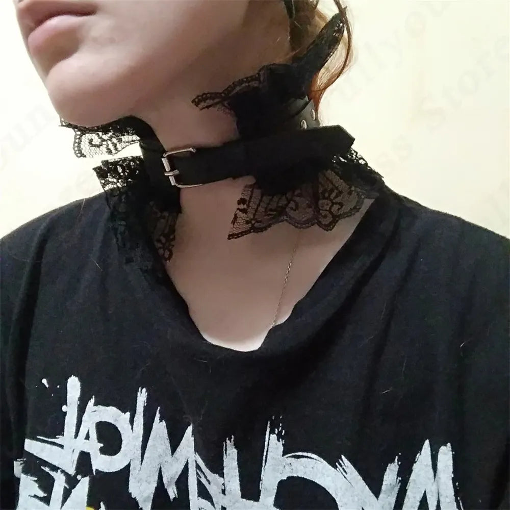 Women Leather Harness Traction Rope Metal Link Chain Bell Pendant Punk Collar Choker Necklace Accessories