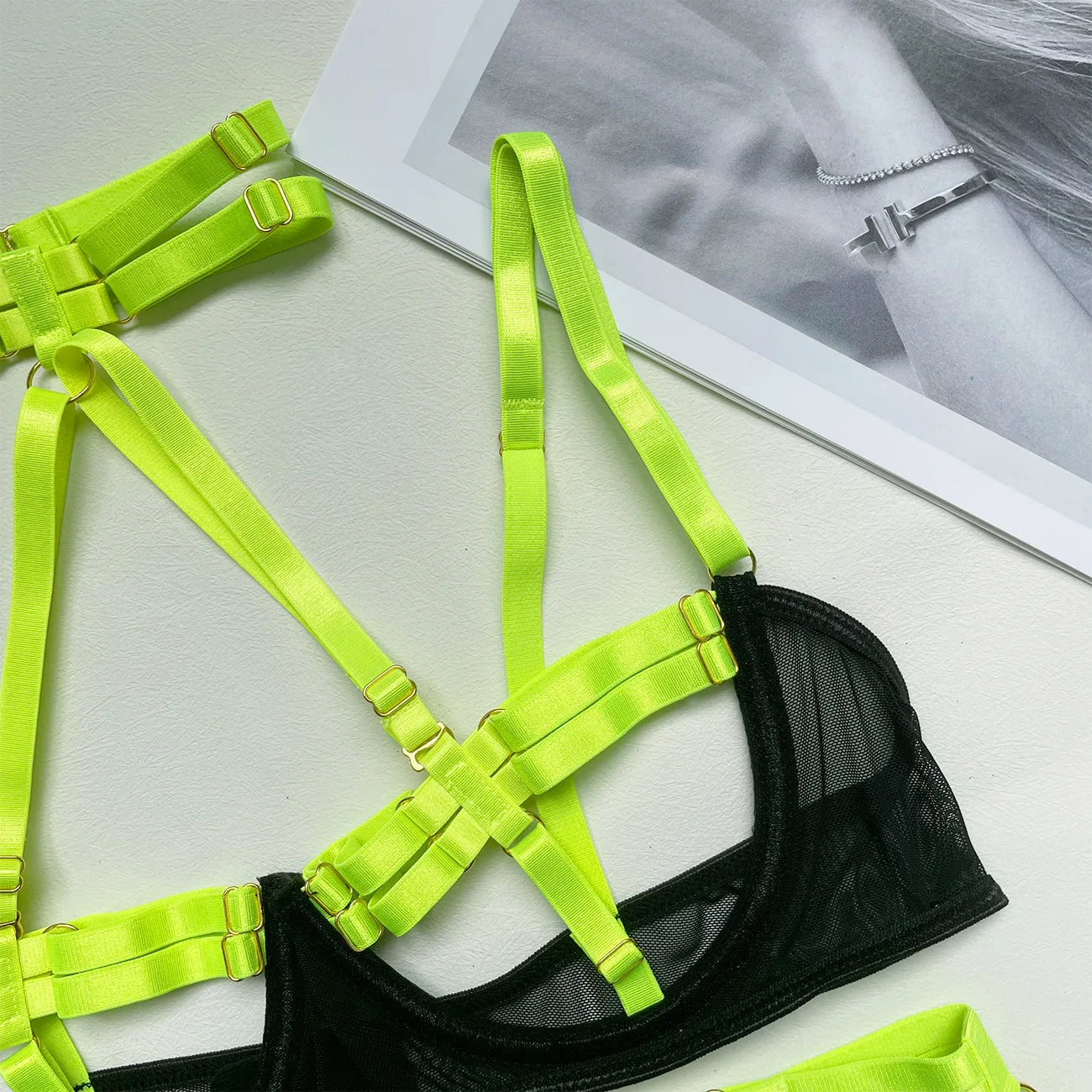 Female Lingerie y Costume Hollow Out Halter Bra Thongs With Belt Stocking Neon You Can See Underwear