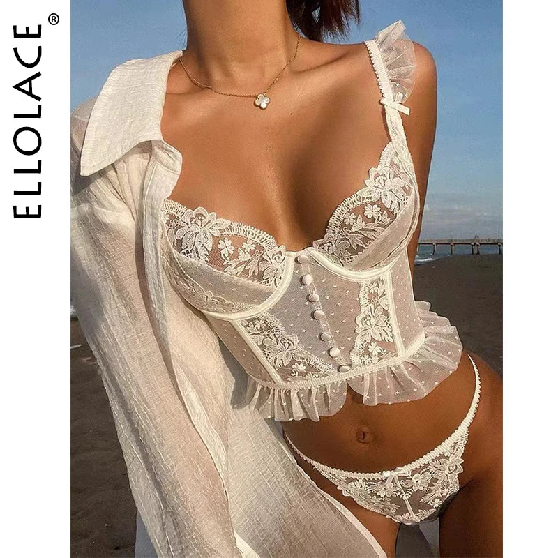 Fancy Lingerie Lace Ruffles Transparent Bra Embroidery Female Underwear High Quality Seamless Sexy Outfits For Woman