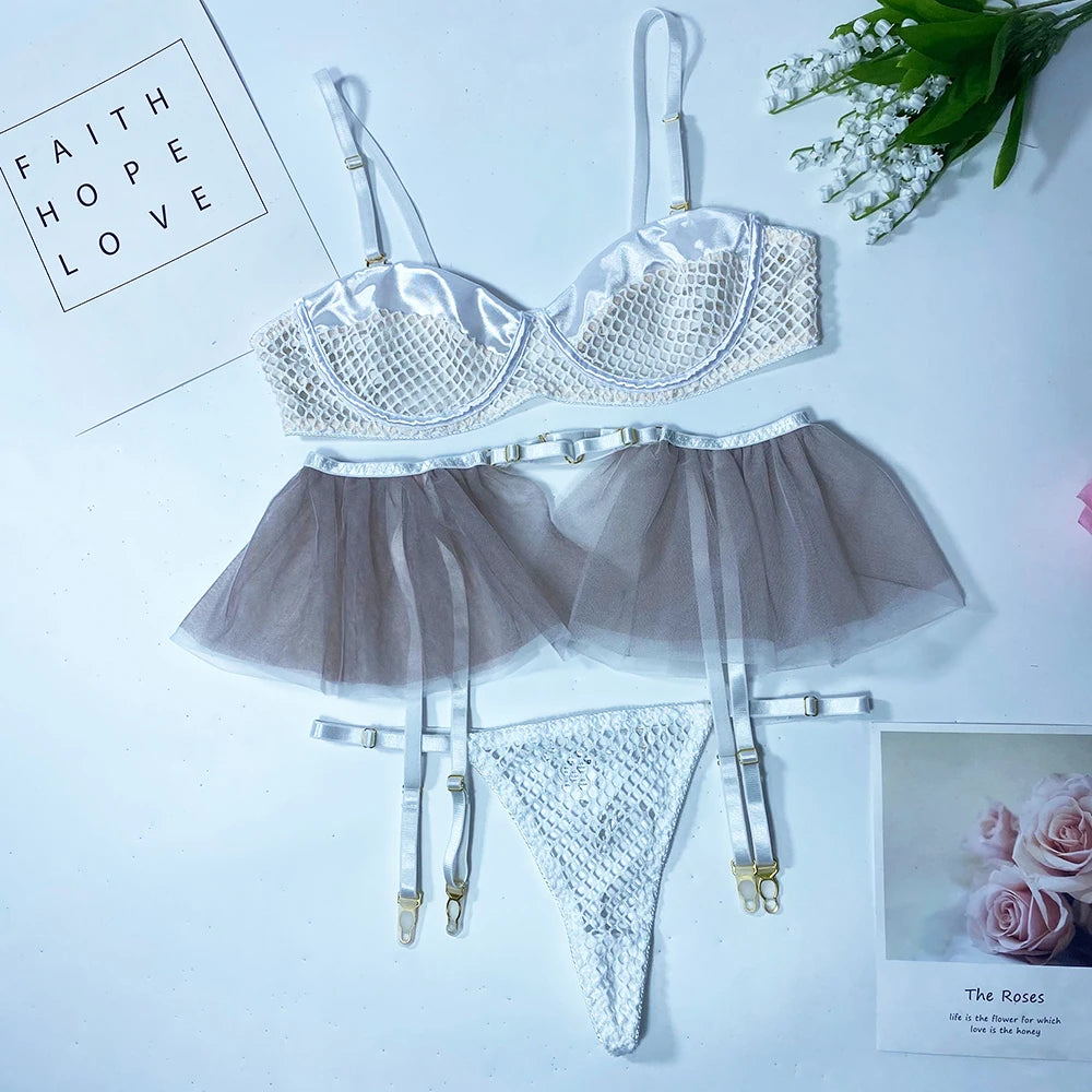 Lingerie Mesh Patchwork Fancy Underwear Ruffle Garters Delicate Luxury Brief Set See Through Sensual Sets