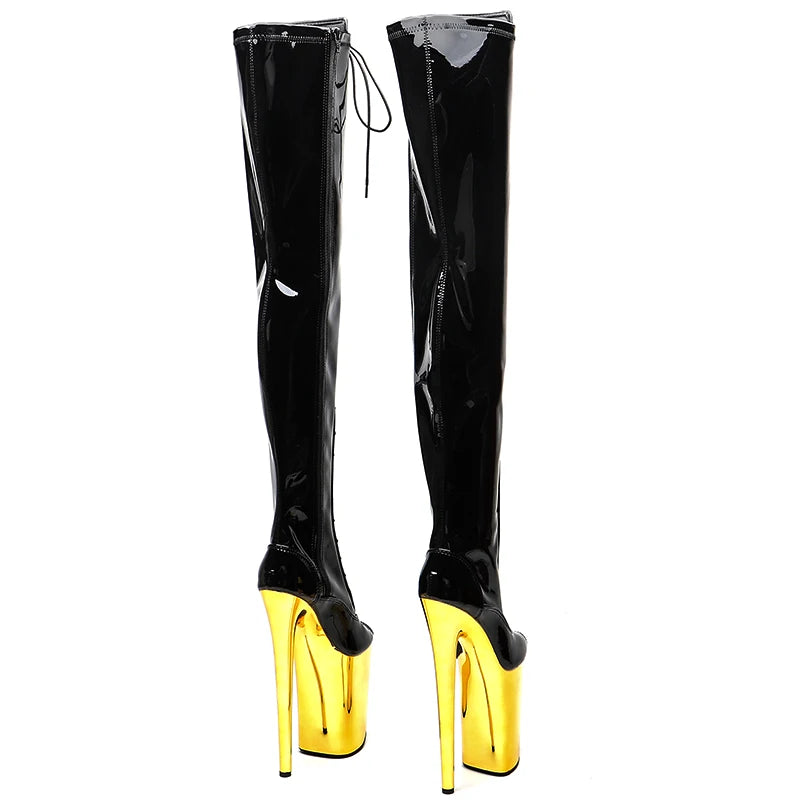 23CM/9inches Patent PU upper y boots Open Toe Gold electroplate High Heels Platform Pole Dance shoes