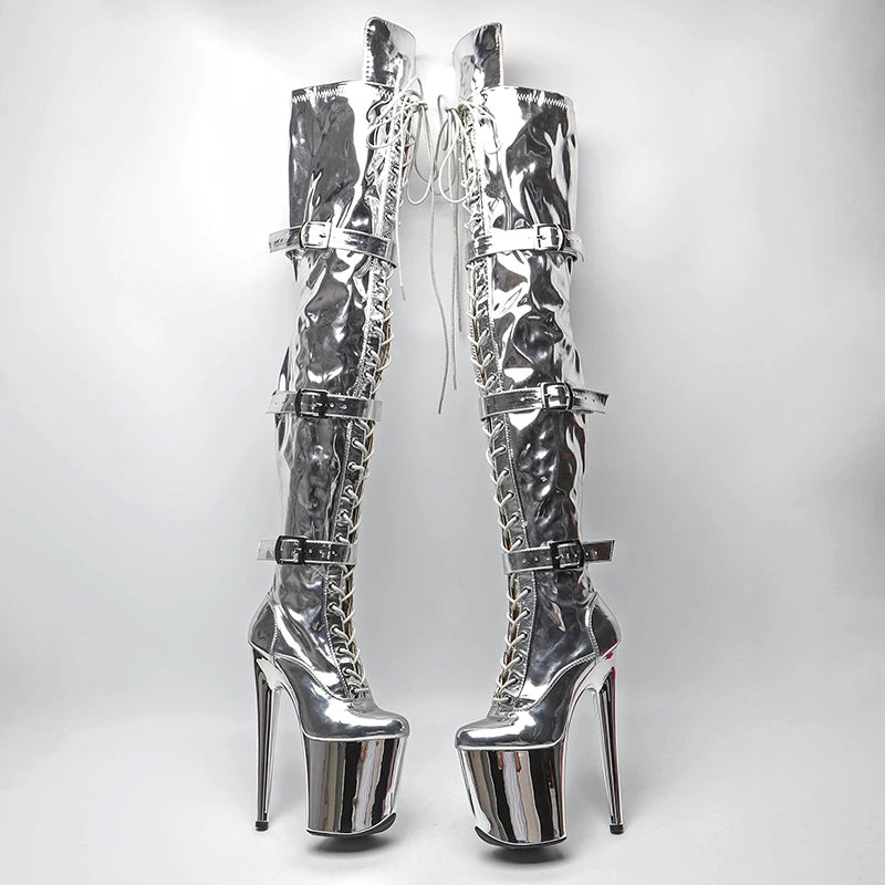20CM/8inches Shiny Patent Upper Women High Heel Platform Lace up And Buckle Strap Thigh High Boots Pole Dance Boots