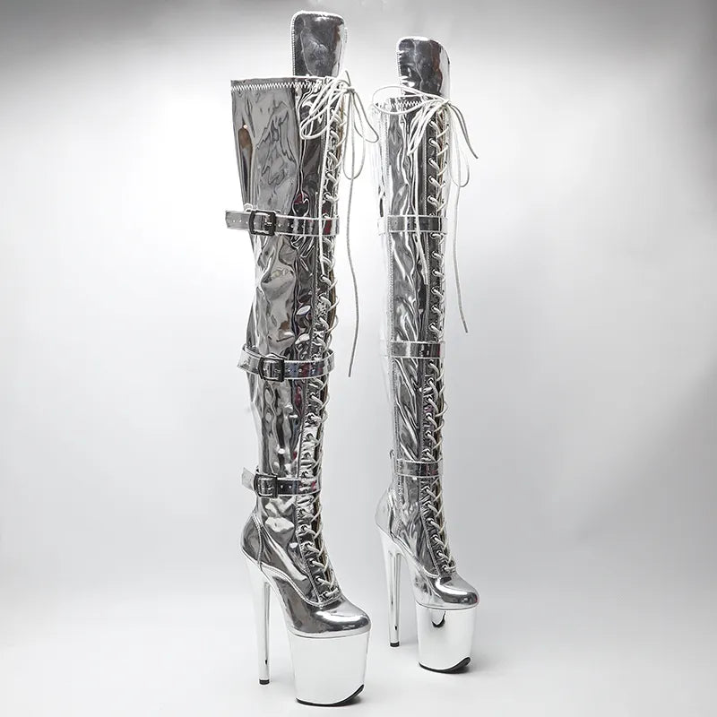 20CM/8inches Shiny Patent Upper Women High Heel Platform Lace up And Buckle Strap Thigh High Boots Pole Dance Boots