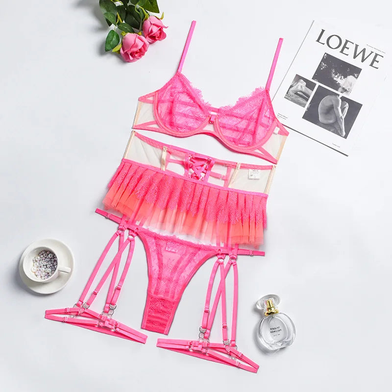 Lencería rosa brillante, ropa interior femenina con volantes, liguero de encaje íntimo transparente, conjuntos exóticos de 3 piezas