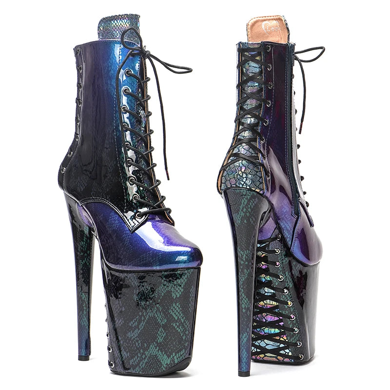 23CM/9inches shinny Snakeskin material lace up sole and upper High Heels Pole Dance boot