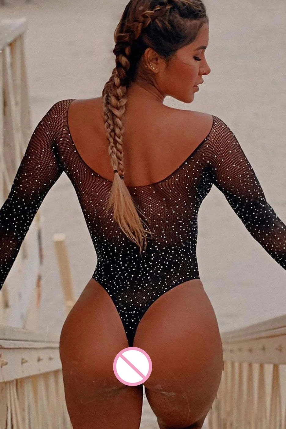Off Shoulder Fishnet Bodystocking Transparent Glitter Long Sleeve Bodysuit See Through Exotic Costumes Tights
