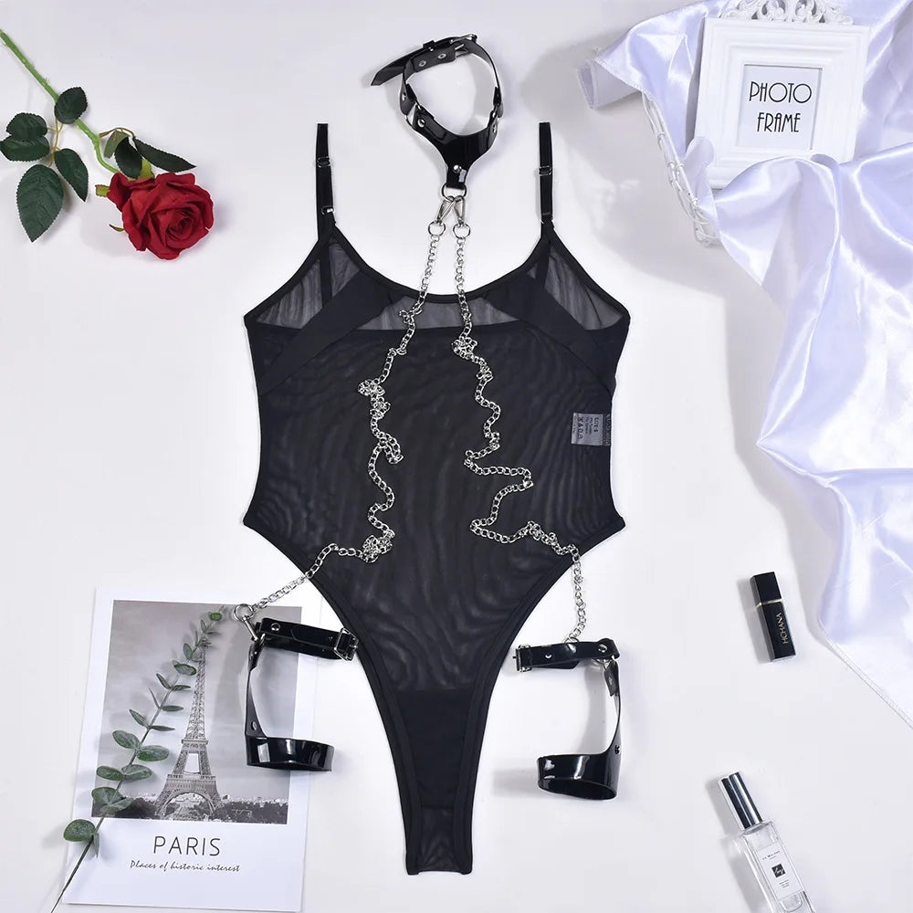 Bodysuit Lingerie Transparent Lace Body One-Pieces With Halter Leather Chain y Mesh Tights Top
