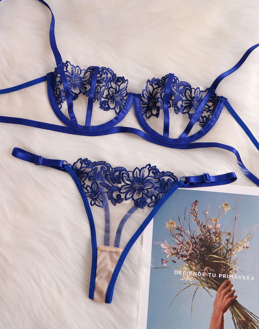 Cobalt Lingerie Thongs Women's Underwear Set Woman 2 Pieces Fancy Lace Transparent Bra Pushup y Fine Intimate
