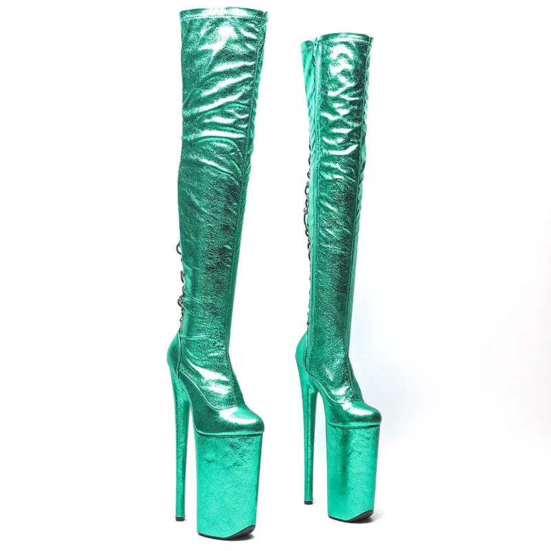26CM/10inches Patent Upper Women Fashion High Heels Platform Closed Toe Lace Up And Thigh High Boots Pole Dance Boots
