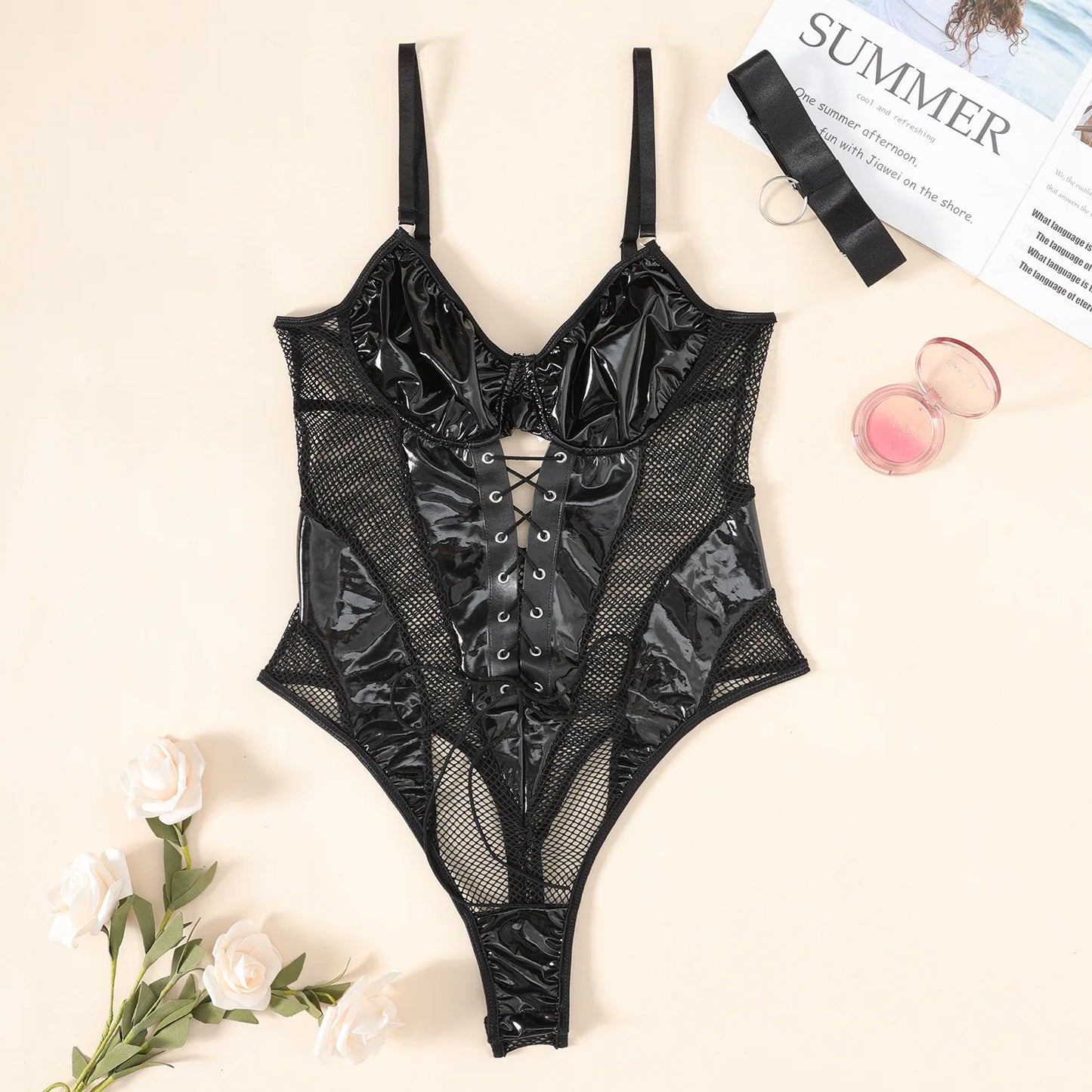 Body en Latex et hauts creux à lacets, Patchwork noir, corps en cuir PU, serré sans entrejambe