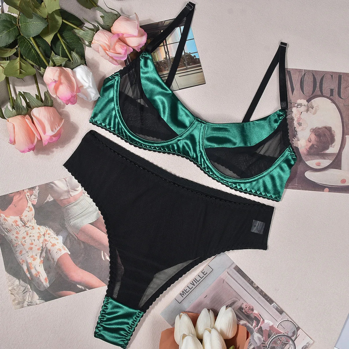Ellolace Sexy Lingerie Silk With Luster Underwear Daily Lace See Through Outfits Set Women 2 Piece Seamless Splicing Intimate