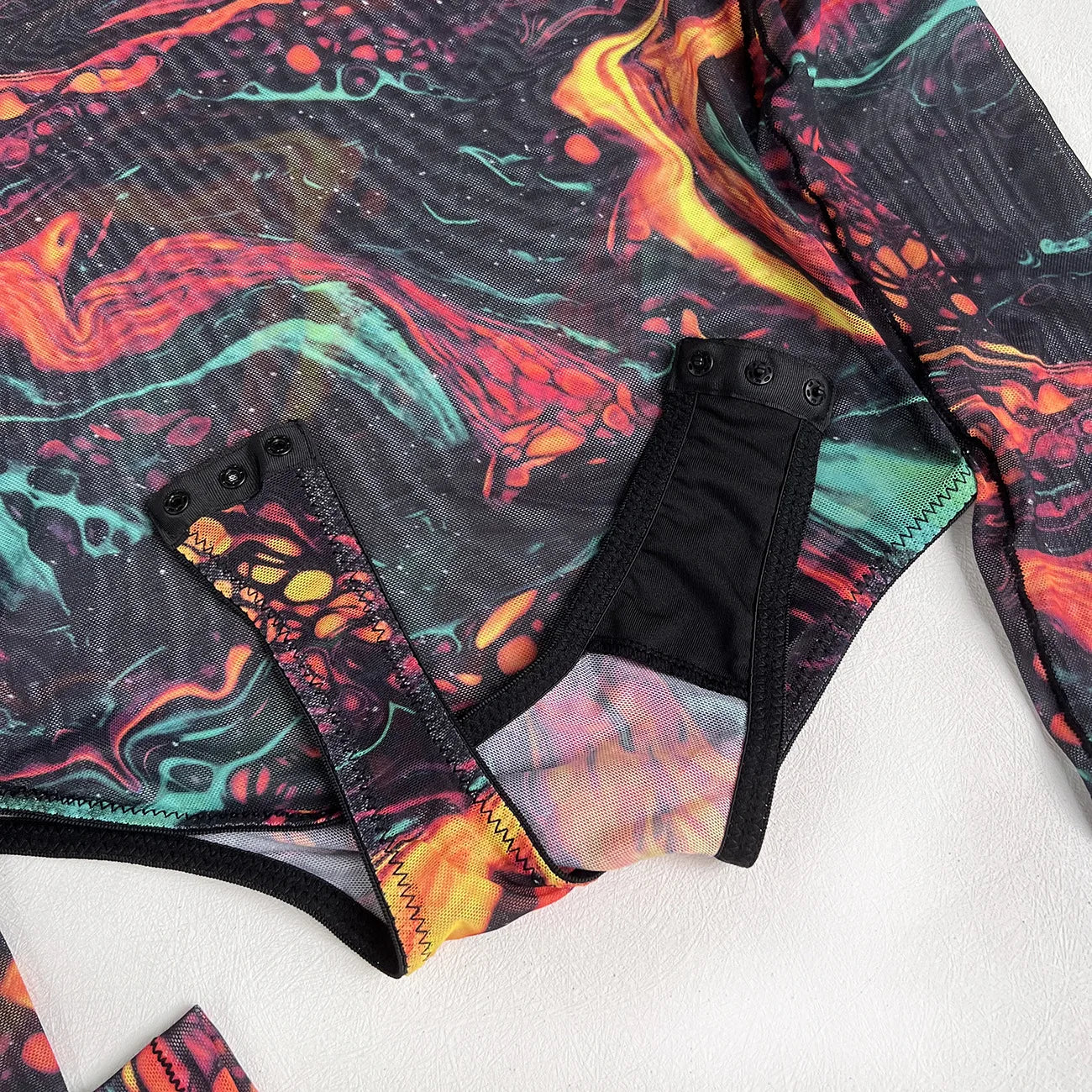 Ellolace Tie Dye Bodysuit Long Sleeve Lingerie Body Uncensored Tight Fitting Woman Crotchless Mesh Sexy Tops See Through Outfit