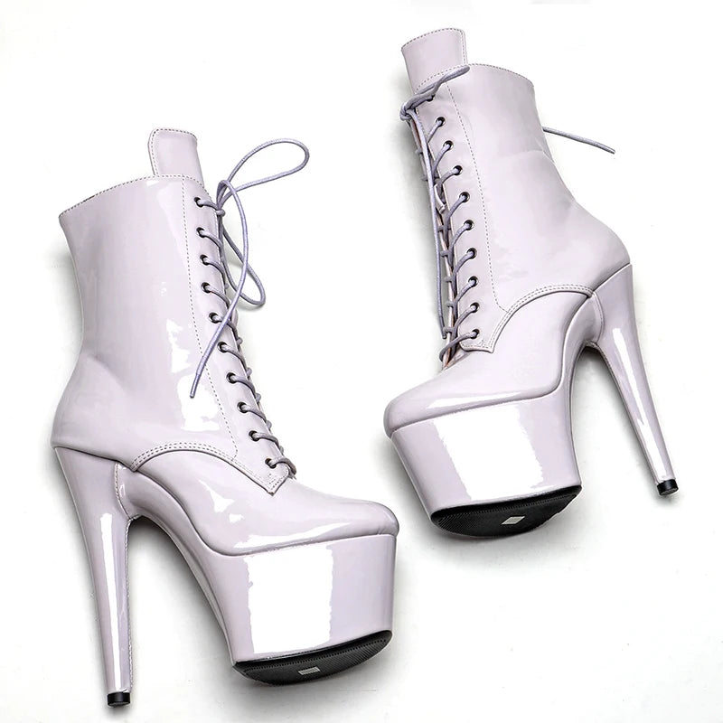 17CM/7inches Patent PU Upper boots lace up High Heel platform party shoes Pole Dance boot