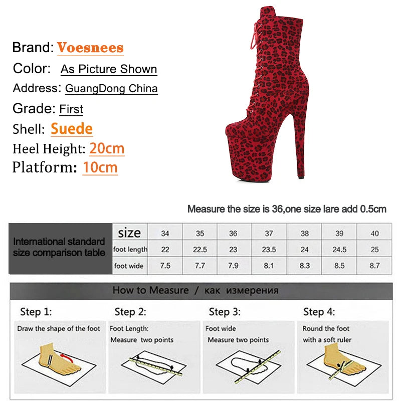 Women's Short Boot Leopard Print Flock 20cm/8Inch High Heels Sexy Ankle Boots Pole Dance Shoes Lace-up Zip Platform Stiletto