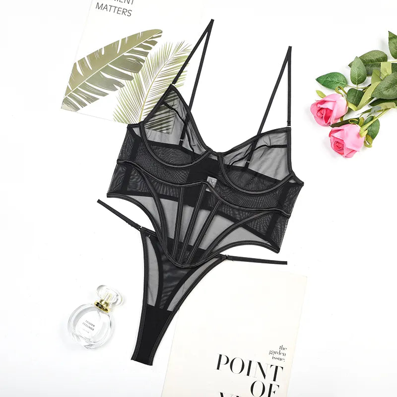 Sensual Lingerie Black Transparent Set Women 2 Piece Sheer Lace Exotic Intimate Daily Underwear For Mesh Outfits