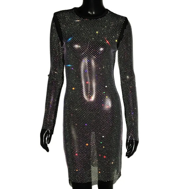 Women Crystal Diamond Sexy Bodycon Dress Hollow Out Long Sleeve Mini Dress See Through Rhinestone Party Club Evening Dresses