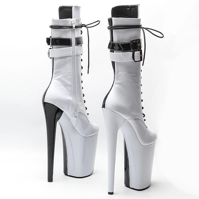 23CM/9inches Patent upper white color with black color Two color Mix y boots High Heels Platform Pole Dance shoes