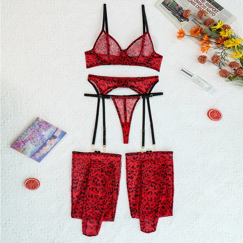 Ellolace Leopard Lingerie For Women Lace Set Of Underwear With Stockings 4-Pieces Erotic Thongs Garter Fancy Matching Outfit
