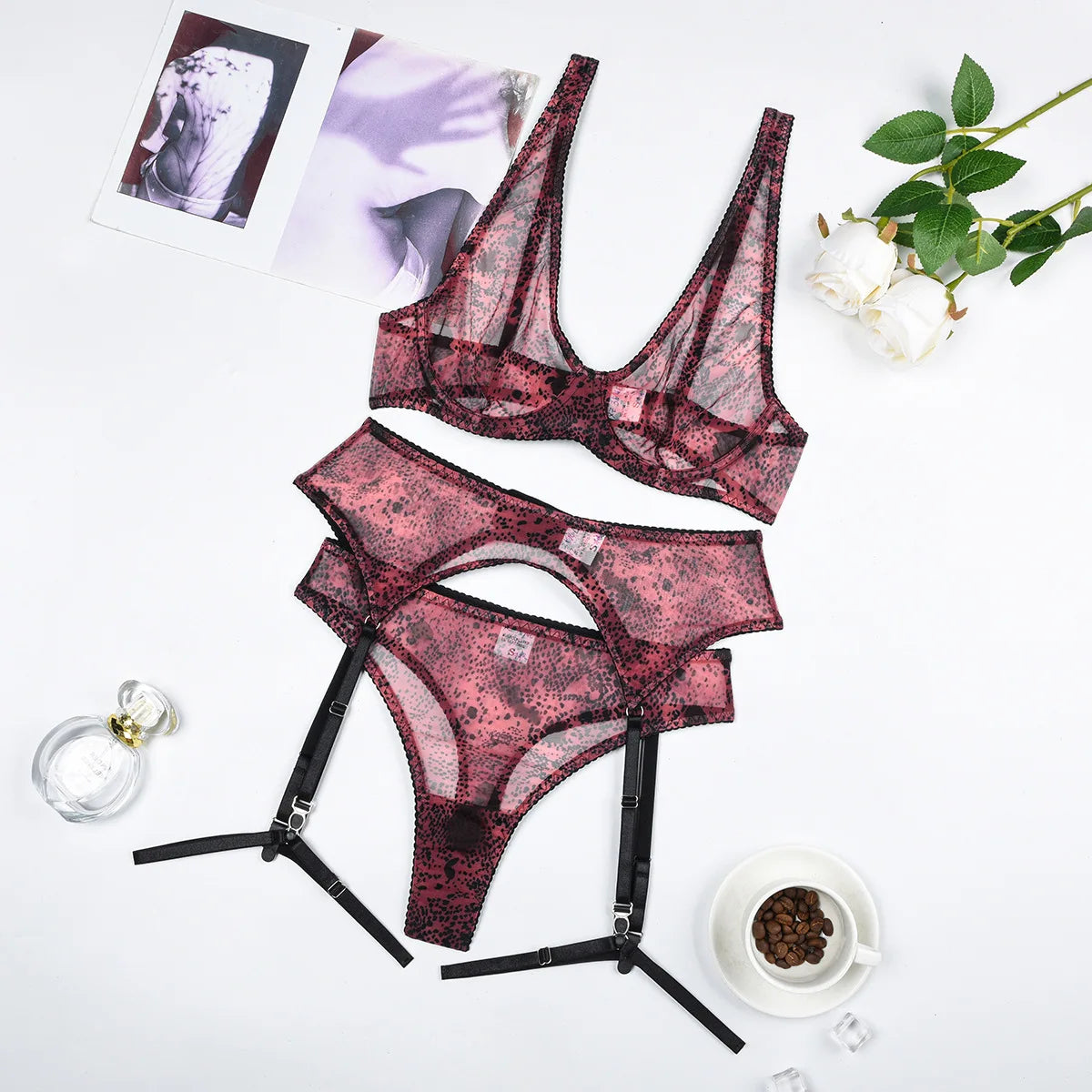 Snake Print Lingeries For Woman Sheer Lace Bilizna Garter Belt Set Hot Girl Sets Fancy Intimate