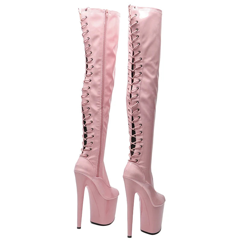 20cm/8inches Patent Leather Extreme High Heels Platform Boots Lace Up y Pole Dancing thigh high boots 5K