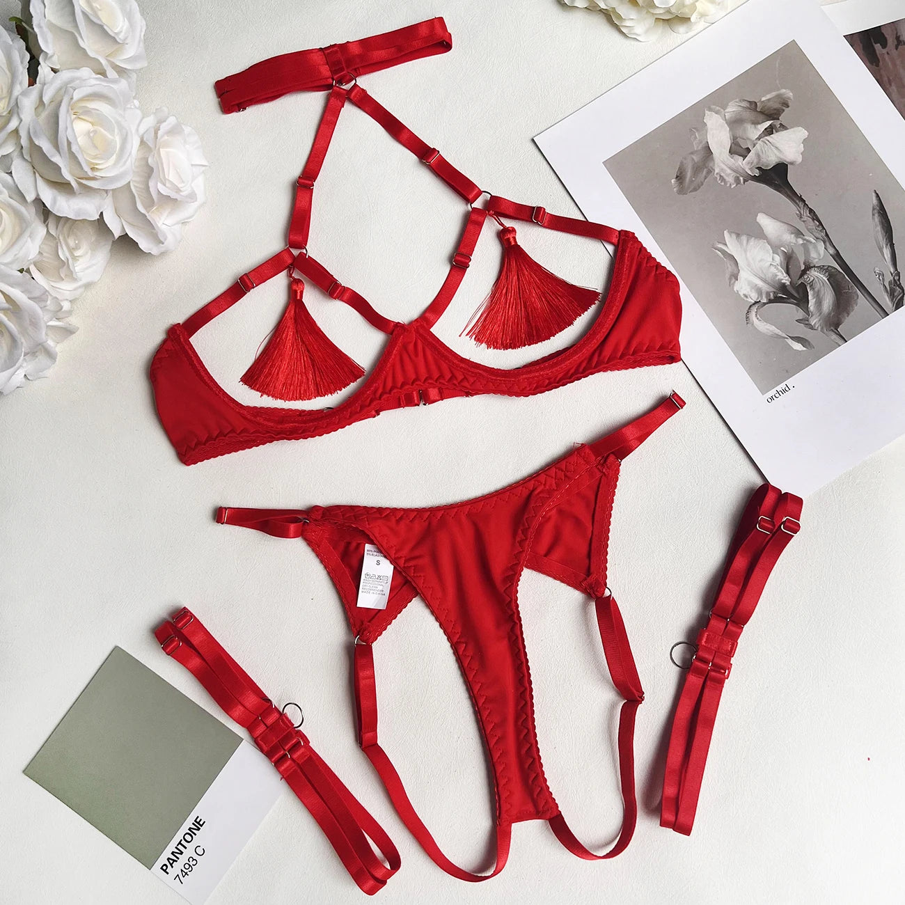 Sensual Tassel Lingerie See Through Open Bra Bilizna Set Hot Intimate Crotchless Panties Exotic Sets