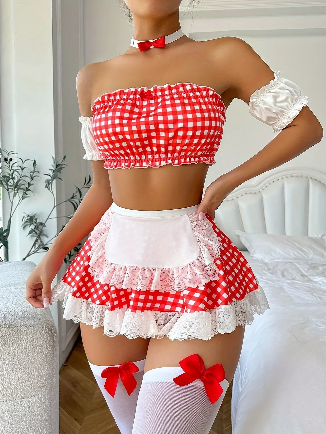 Ellolace Plaid Housemaid Cosplay Lingerie 4-Piece Maid Sexy Women's Outfit Fantasia Intimate Sex Fetish Cute Adult Goods Costume