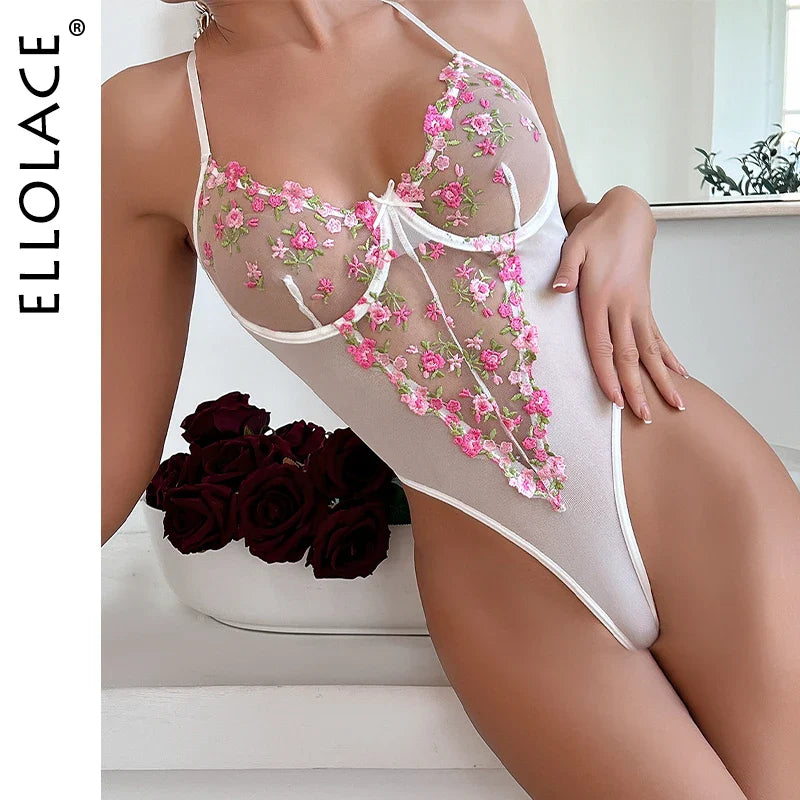 Ellolace Floral Bodysuit Things For Sex Play High Cut Body Suit Sexy Lingerie Top Ladies Crotchless Sheer Top Onlyfan Outfit