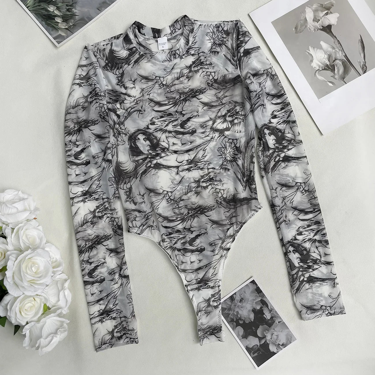 Ellolace Tie Dye Bodysuit Long Sleeve Lingerie Body Uncensored Tight Fitting Woman Crotchless Mesh Sexy Tops See Through Outfit