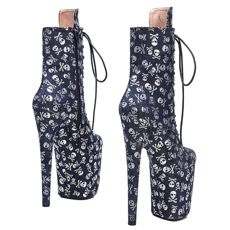 20CM/8inches Skull pattern Super High Heel Pole Dancing Ankle Boots Lacing Fashion Club Stage Performance High Heel 3B