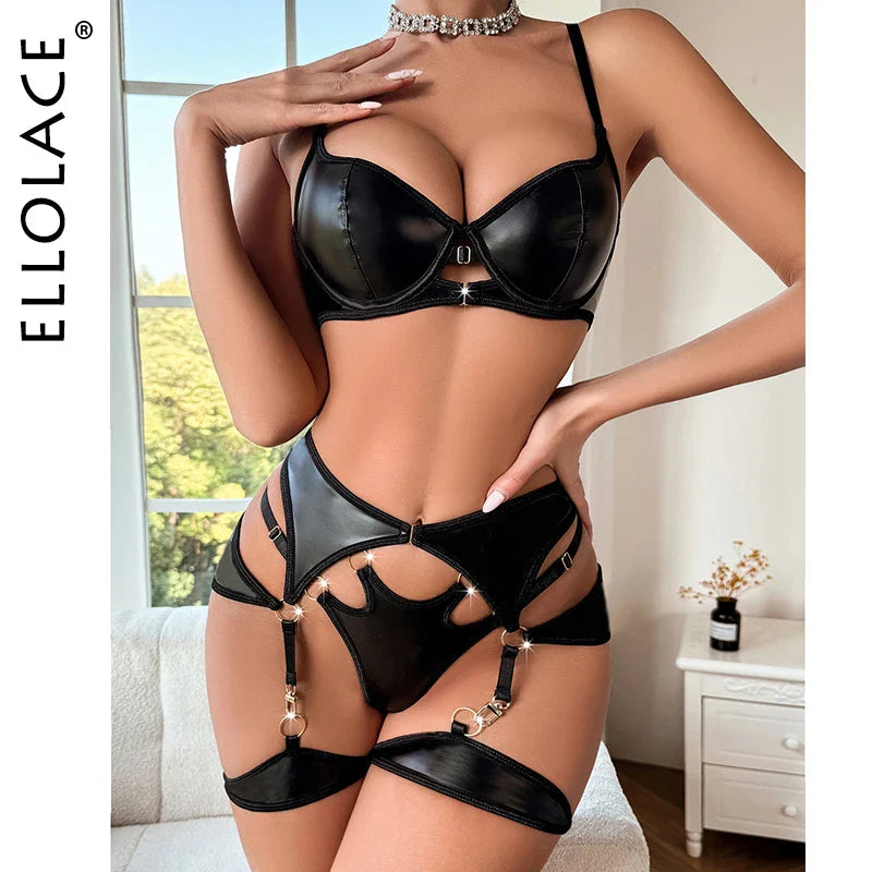 Ellolace Leather Lingerie For Onlyfan Ensemble Bilizna Sexy Seductive Garter Erotic g-String Sexi Costumes Black Darks Underwear